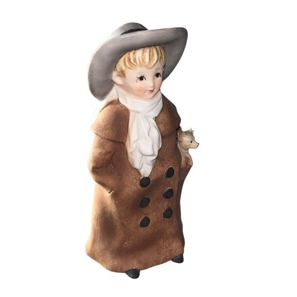 Lefton Vintage 1950s Porcelain Hand-painted Figurine Boy in Coat & Hat w/ Dog - Picture 2 of 14